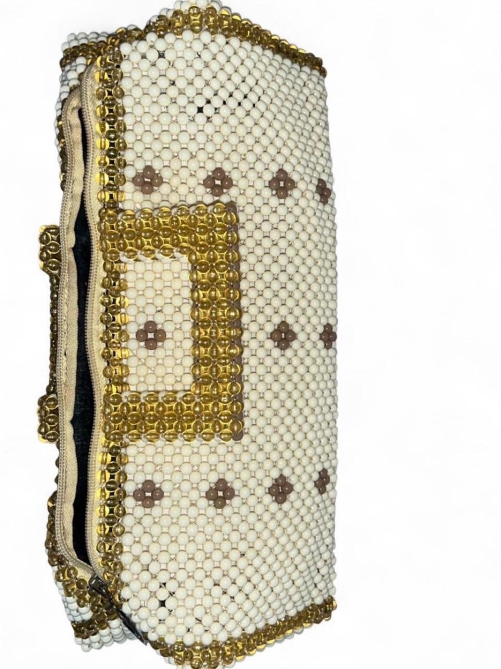 Beaded Cream and Gold Evening Clutch with Floral Accent